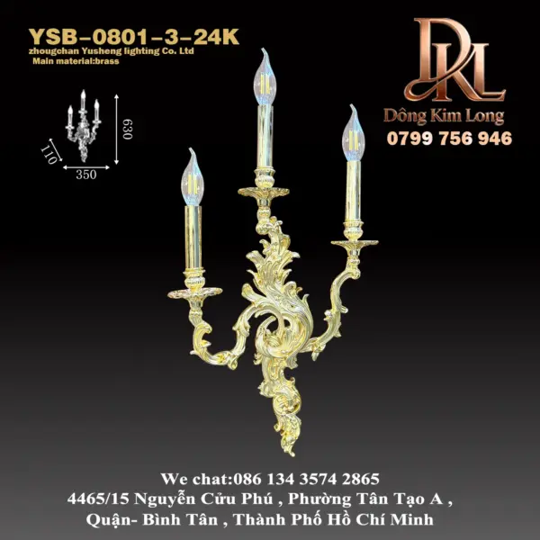 YSB-0801-3-24K Đèn tường kiểu Pháp LED cho cầu thang, đèn nến ba đầu bằng đồng nguyên chất, màu vàng sang trọng, thích hợp cho phòng khách biệt thự, hành lang YSB-0801-3