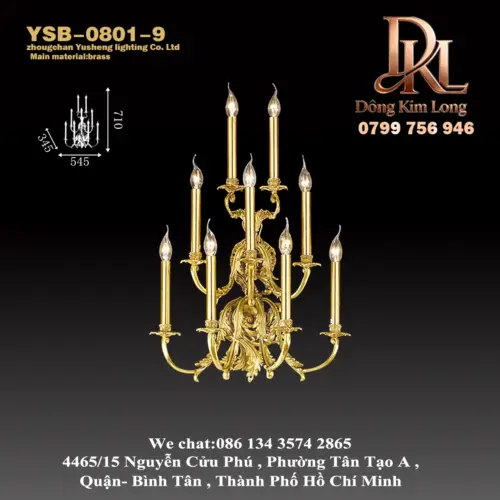 Đèn tường bằng đồng kiểu Pháp phong cách châu Âu cổ điển sang trọng với năm ngọn nến, phù hợp cho biệt thự, khách sạn và hành lang YSB-0801-9