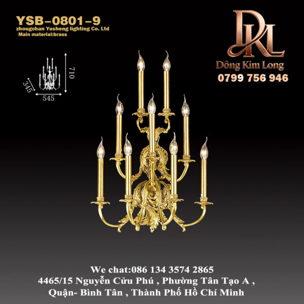 YSB-0801-9 Đèn tường bằng đồng kiểu Pháp phong cách châu Âu cổ điển sang trọng với năm ngọn nến, phù hợp cho biệt thự, khách sạn và hành lang YSB-0801-9