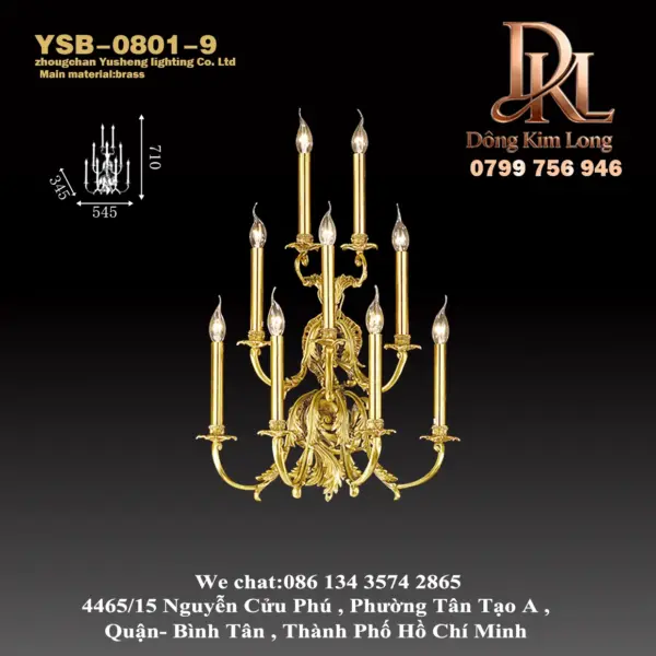 YSB-0801-9 Đèn tường bằng đồng kiểu Pháp phong cách châu Âu cổ điển sang trọng với năm ngọn nến, phù hợp cho biệt thự, khách sạn và hành lang YSB-0801-9