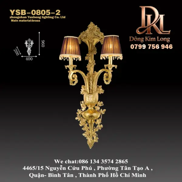 Đèn tường kiểu Pháp toàn đồng, đèn đầu giường phòng ngủ, phòng khách, hành lang, phong cách châu Âu sang trọng, biệt thự cung đình cổ điển, đèn tường Baroque đồng, đèn tường lớn hai đầu YSB-0805-2