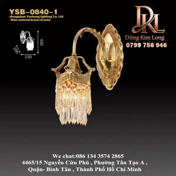 YSB-0840-1 Đèn tường trang trí hành lang phòng khách bằng pha lê chạm khắc đồng kiểu Pháp YSB-0840-1