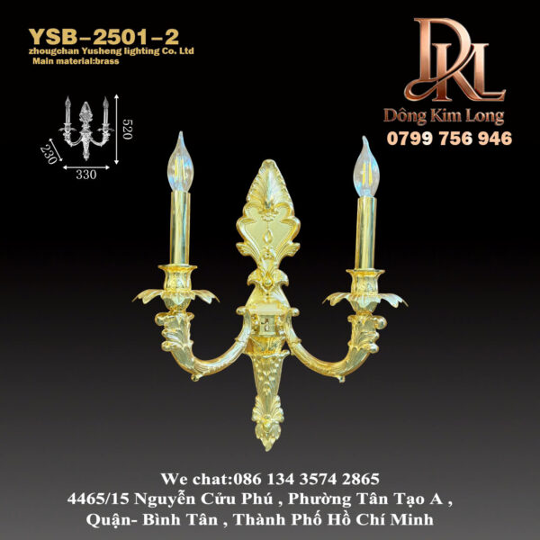YSB-2501-2 Đèn tường trang trí phòng khách sang trọng kiểu Pháp phong cách biệt thự cổ điển tinh tế, chạm khắc toàn bộ bằng đồng vàng hai đầu đèn tường hành lang YSB-2501_2
