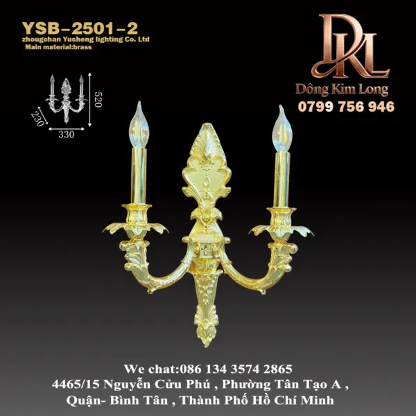 YSB-2501-2 Đèn tường trang trí phòng khách sang trọng kiểu Pháp phong cách biệt thự cổ điển tinh tế, chạm khắc toàn bộ bằng đồng vàng hai đầu đèn tường hành lang YSB-2501_2