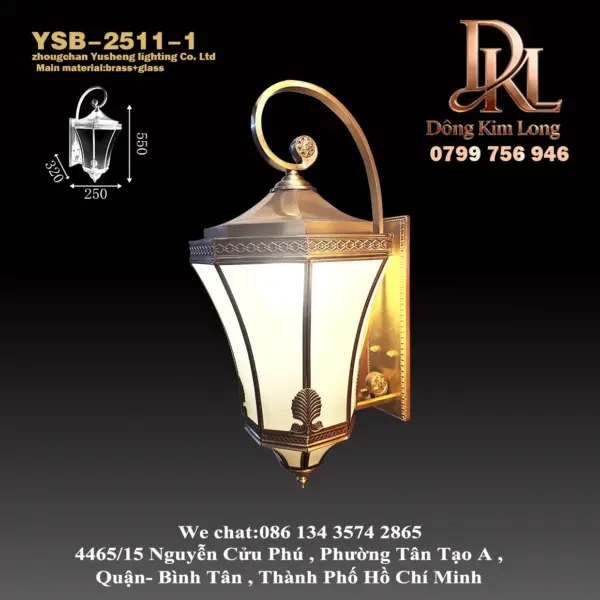 Đèn tường ngoài trời bằng đồng kiểu Mỹ, đèn ban công, đèn tường biệt thự, đèn sân vườn, đèn hành lang, đèn chống nước ngoài trời YSB-2511-1