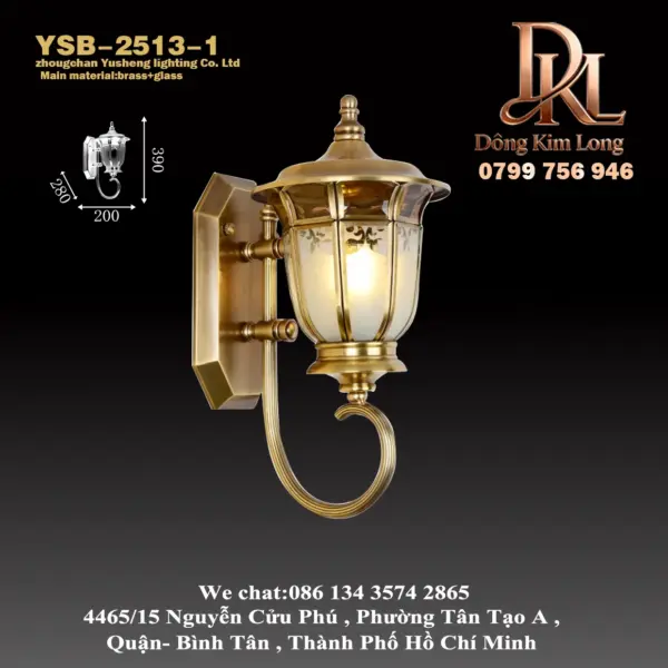 Đèn tường ngoài trời phong cách châu Âu bằng đồng cao cấp, chống nước, dành cho hiên, ban công, biệt thự, sân vườn, lối vào và hành lang YSB-2513-1
