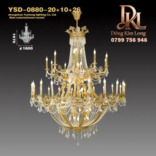 Đèn chùm pha lê bằng đồng kiểu Pháp, phòng khách phong cách châu Âu, phòng ăn, đèn cầu thang, tầng duplex, phong cách cổ điển cũ kỹ, biệt thự sang trọng và hoành tráng YSD-0880-20+10+26