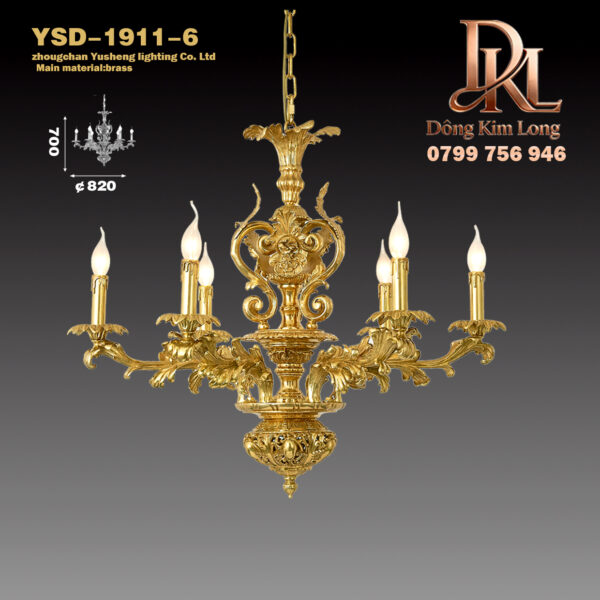 YSD-1911-6 Đèn chùm phòng ăn, phòng khách, phòng học ,phòng ngủ bằng đồng kiểu Pháp, biệt thự sang trọng phong cách Châu Âu YSD-1911-6