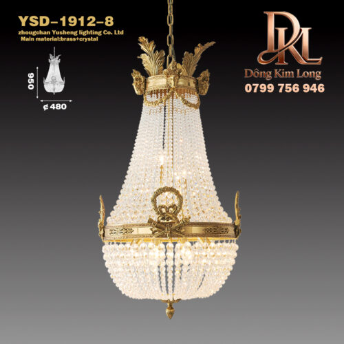YSD-1912-8 Đèn chùm pha lê đồng nguyên khối kiểu Pháp sang trọng cho cầu thang phong cách cổ điển, phòng khách, phòng ăn, phòng ngủ, phòng học biệt thự Châu Âu YSD-1912-8