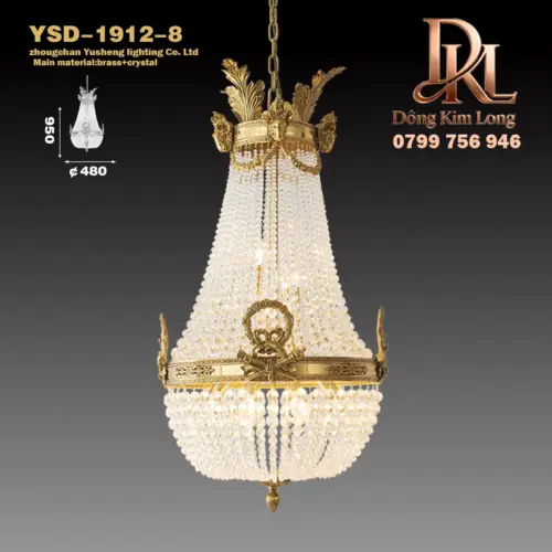Đèn chùm pha lê đồng nguyên khối kiểu Pháp sang trọng cho cầu thang phong cách cổ điển, phòng khách, phòng ăn, phòng ngủ, phòng học biệt thự Châu Âu YSD-1912-8