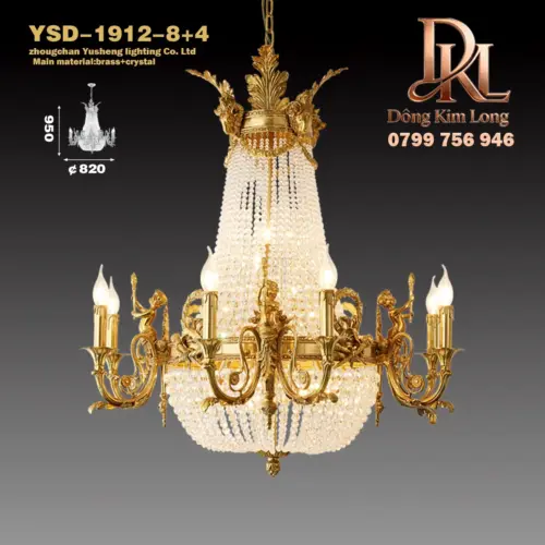 Đèn pha lê phòng khách và phòng ăn theo phong cách biệt thự châu Âu, biệt thự sang trọng kiểu Pháp, cầu thang sảnh, đèn chùm bằng đồng nguyên chất YSD-1912-8+4