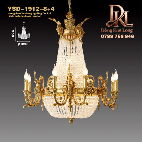 Đèn pha lê phòng khách và phòng ăn theo phong cách biệt thự châu Âu, biệt thự sang trọng kiểu Pháp, cầu thang sảnh, đèn chùm bằng đồng nguyên chất YSD-1912-8+4