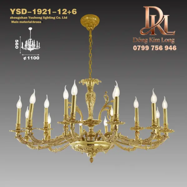 Đèn chùm đồng phong cách Pháp, biệt thự sang trọng, phòng khách, phòng ăn, phòng ngủ, đèn học, đèn đồng nguyên chất, phong cách cổ điển sang trọng YSD-1921-12+6
