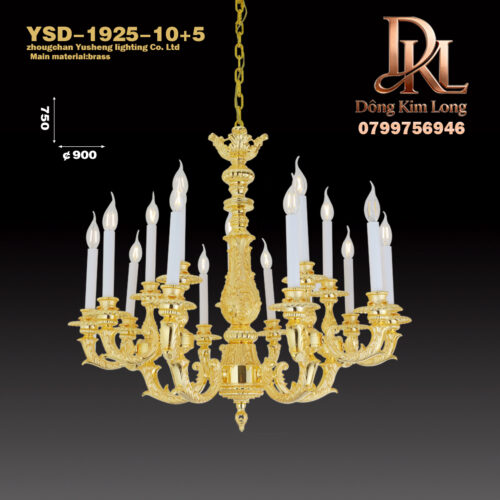 YSD-1925-10+5 Đèn chùm phòng khách cao cấp bằng đồng nguyên chất, đèn ăn biệt thự, đèn phòng ngủ, đồ đèn mạ vàng 24K YSD-1925-15