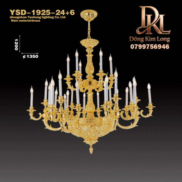 YSD-1925-24+6 Đèn chùm sang trọng cao cấp bằng đồng nguyên chất trang trí sảnh biệt thự, phòng khách, cầu thang khách sạn YSD-1925-24+6