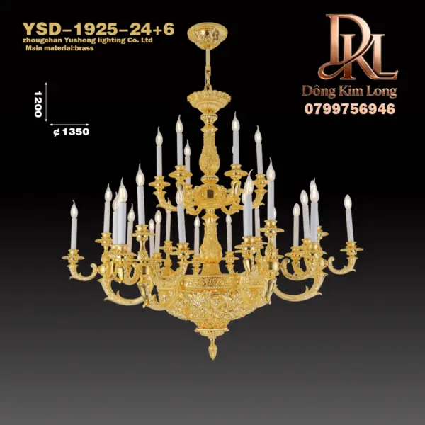 YSD-1925-24+6 Đèn chùm sang trọng cao cấp bằng đồng nguyên chất trang trí sảnh biệt thự, phòng khách, cầu thang khách sạn YSD-1925-24+6