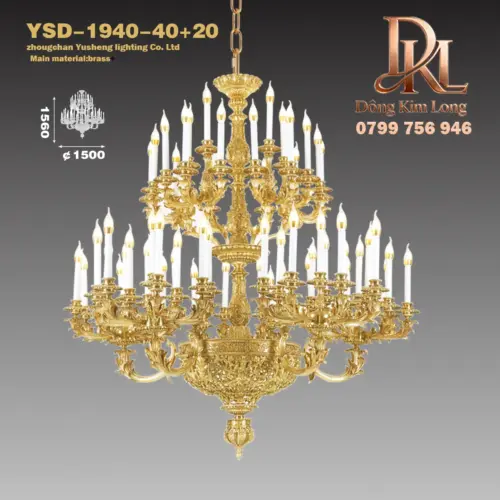 Đèn chùm đồng phòng khách kiểu Pháp, Châu Âu, sảnh khách sạn, không gian sang trọng, đèn đồng YSD-1940-40+20