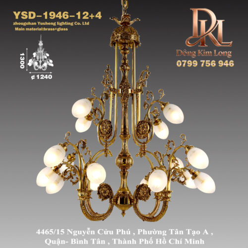 YSD-1946-12+4 Đèn chùm đồng ngọc bích châu Âu cao cấp mới sang trọng, đèn chùm phòng khách sang trọng ,đèn nhiều nhánh biệt thự nhà hàng YSD-1950-10
