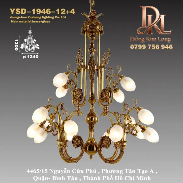 YSD-1946-12+4 Đèn chùm đồng ngọc bích châu Âu cao cấp mới sang trọng, đèn chùm phòng khách sang trọng ,đèn nhiều nhánh biệt thự nhà hàng YSD-1950-10
