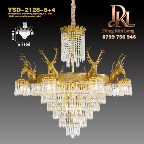 Đèn chùm pha lê đồng nguyên khối kiểu Pháp, phòng khách gác xếp sang trọng cổ điển kiểu châu Âu, biệt thự song lập kiểu Pháp YSD-2128-8+4