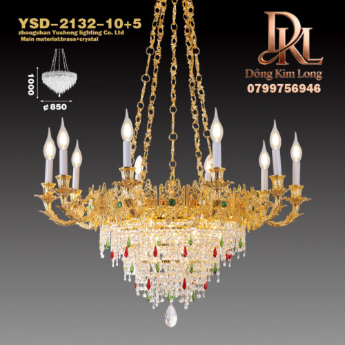 YSD-2132-10+5 Đèn chùm pha lê đồng nguyên chất sang trọng kiểu Pháp, đèn phòng khách biệt thự châu Âu, đèn phòng ăn phòng ngủ, đèn chiếu sáng cao cấp bằng đồng nguyên chất YSD-2132-10+5