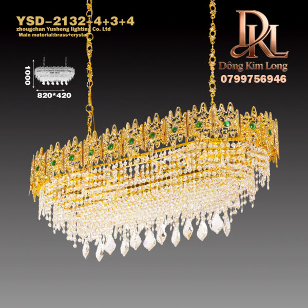 Đèn chùm phòng khách bằng đồng pha lê đơn giản sang trọng kiểu Mỹ pháp dài bằng đồng , đèn đồng vàng sang trọng không gian nhà hàng YSD-2132-4+3+4
