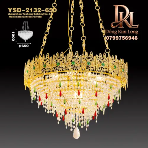 Đèn chùm pha lê đồng nguyên khối kiểu Pháp màu kem phong cách đồng quê phòng ngủ /phòng khách/ phòng thay đồ sang trọng /đèn lối vào -YSD-2132-650