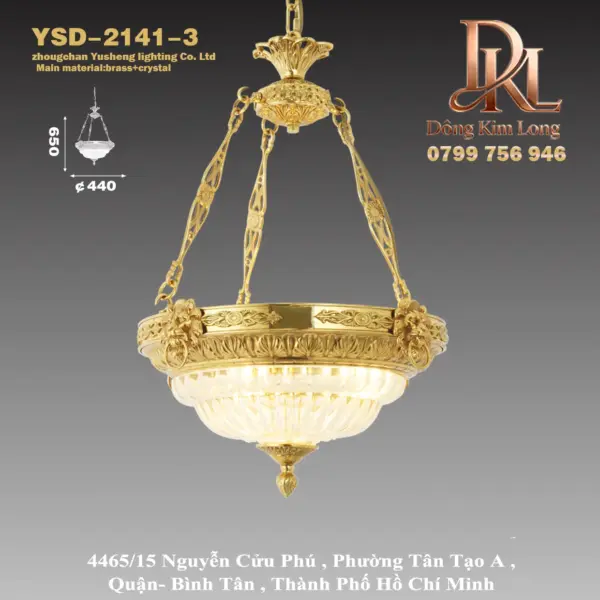 YSD-2141-3 Đèn chùm đồng nguyên chất phong cách châu Âu cho biệt thự sang trọng, đèn pha lê cho lối vào, hành lang, phòng khách và ban công, đèn tân cổ điển YSD-2141