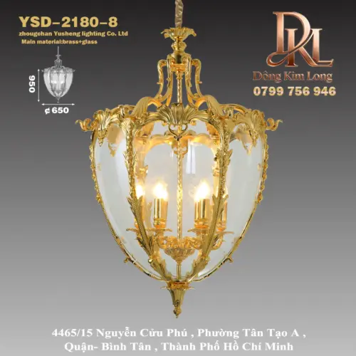 Đèn chùm đồng nguyên chất phong cách châu Âu, đèn lồng kính cho hành lang, tiền sảnh, ban công, đèn tân cổ điển YSD-2180-8