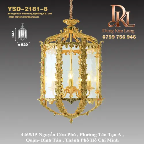 Đèn chùm đồng nguyên chất phong cách châu Âu, đèn lồng kính cho hành lang, tiền sảnh, ban công, đèn tân cổ điển YSD-2180-8