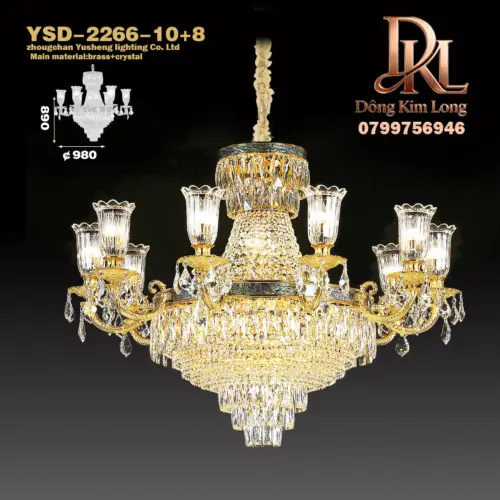 Đèn chùm bằng đồng mạ vàng kiểu Pháp, đèn pha lê cho phòng khách, sảnh và cầu thang biệt thự kiểu châu Âu, phòng ngủ và đèn phòng ăn YSD-2266-10
