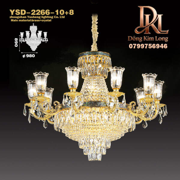 Đèn chùm bằng đồng mạ vàng kiểu Pháp, đèn pha lê cho phòng khách, sảnh và cầu thang biệt thự kiểu châu Âu, phòng ngủ và đèn phòng ăn YSD-2266-10