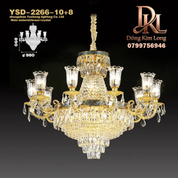 Đèn chùm bằng đồng mạ vàng kiểu Pháp, đèn pha lê cho phòng khách, sảnh và cầu thang biệt thự kiểu châu Âu, phòng ngủ và đèn phòng ăn YSD-2266-10