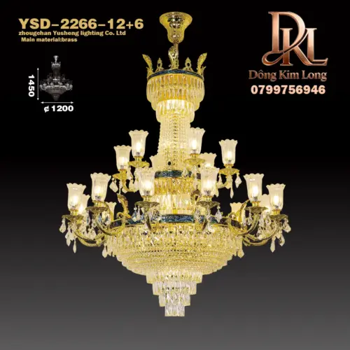 Đèn chùm đồng mạ vàng phong cách Pháp sang trọng hai tầng cho phòng khách, biệt thự cao cấp, căn hộ duplex, ánh sáng 24k cho phòng ăn YSD-2266-12+6