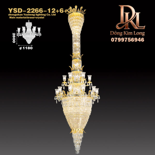 Đèn chùm mạ vàng kiểu Pháp sang trọng bằng đồng toàn phần, đèn pha lê rỗng cho phòng khách, đèn cao cấp cho biệt thự, hành lang, cầu thang, phòng ngủ, phòng ăn YSD-2266-12+6+30