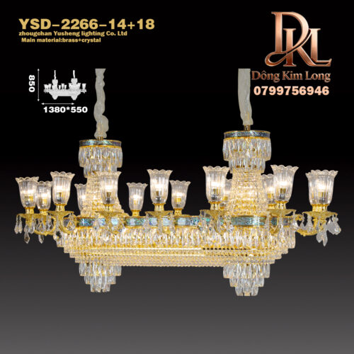 YSD-2266-14+18 Đèn chùm bằng đồng mạ vàng kiểu Pháp, đèn pha lê hình dài, đèn phòng khách, kiểu châu Âu cho sảnh biệt thự, cầu thang, phòng ngủ và phòng ăn YSF-2266-14+18
