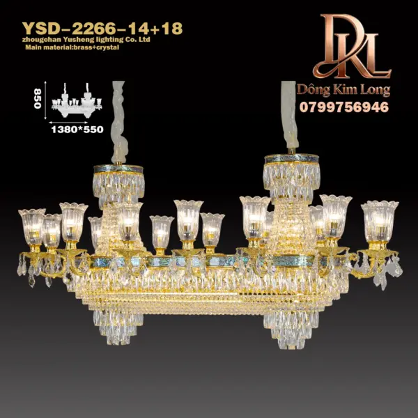 YSD-2266-14+18 Đèn chùm bằng đồng mạ vàng kiểu Pháp, đèn pha lê hình dài, đèn phòng khách, kiểu châu Âu cho sảnh biệt thự, cầu thang, phòng ngủ và phòng ăn YSF-2266-14+18