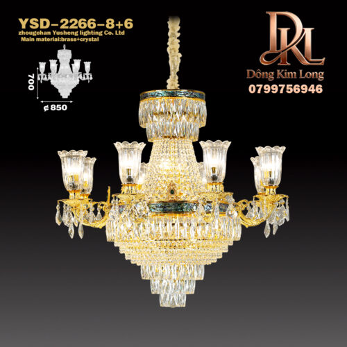 YSD-2266-8+6 Đèn chùm bằng đồng mạ vàng kiểu Pháp, đèn pha lê cho phòng khách, sảnh và cầu thang biệt thự kiểu châu Âu, phòng ngủ và đèn phòng ăn YSD-2266-8+6