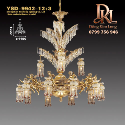 YSD-9942-12+3 Đèn chùm pha lê bằng đồng nguyên khối kiểu Pháp cổ điển cho phòng khách, phòng ngủ, phòng làm việc, biệt thự, nhà hàng, đèn chính kiểu Mỹ sang trọng YSD-9942-12+3