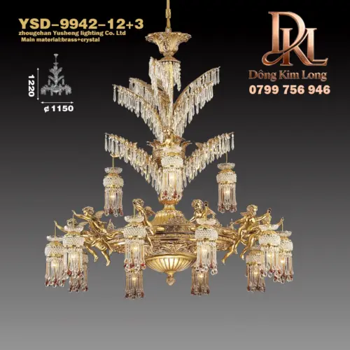 Đèn chùm pha lê bằng đồng nguyên khối kiểu Pháp cổ điển cho phòng khách, phòng ngủ, phòng làm việc, biệt thự, nhà hàng, đèn chính kiểu Mỹ sang trọng YSD-9942-12+3