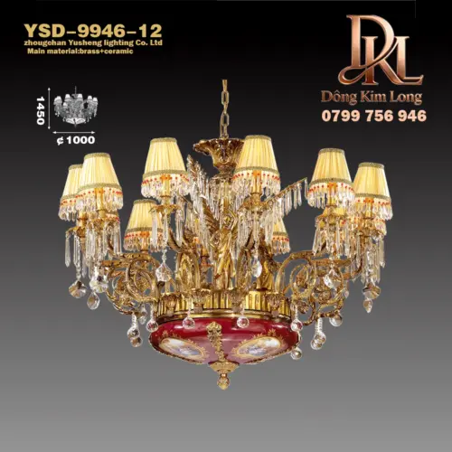 Pháp tất cả đồng đèn biệt thự sang trọng phong cách Châu Âu đèn chùm phòng khách đèn gốm mới toàn bộ ngôi nhà đèn chùm pha lê YSD-9946-12