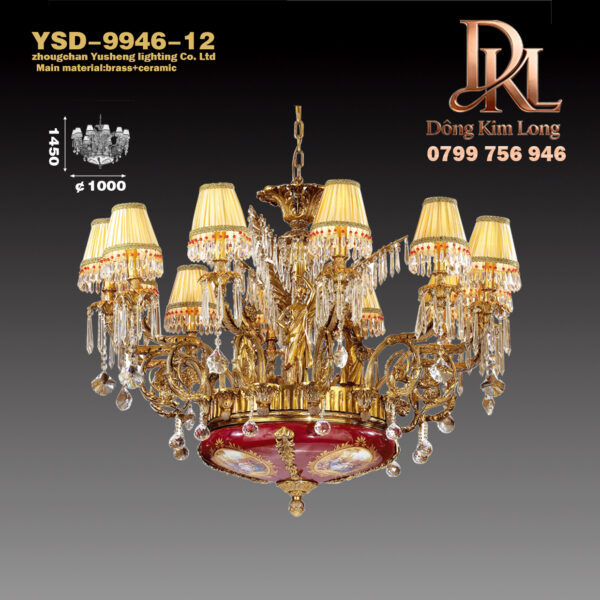 YSD-9946-12 Pháp tất cả đồng đèn biệt thự sang trọng phong cách Châu Âu đèn chùm phòng khách đèn gốm mới toàn bộ ngôi nhà đèn chùm pha lê YSD-9946-12