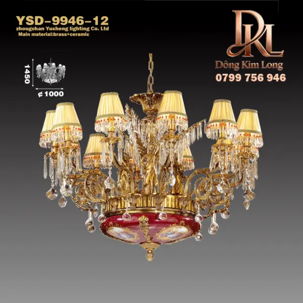 Pháp tất cả đồng đèn biệt thự sang trọng phong cách Châu Âu đèn chùm phòng khách đèn gốm mới toàn bộ ngôi nhà đèn chùm pha lê YSD-9946-12
