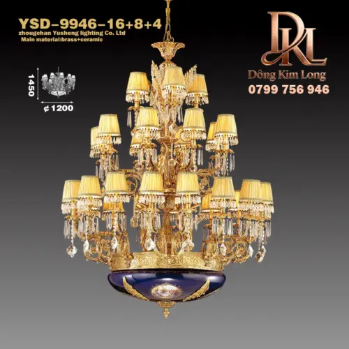 Đèn chùm pha lê phòng khách sang trọng bằng đồng châu Âu phong cách Pháp toàn bộ biệt thự bằng đồng phòng khách ánh sáng sảnh đèn gốm hai lớp tùy chỉnh YSD-9946-16+8+4