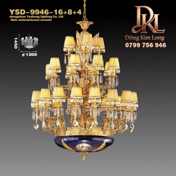 Đèn chùm pha lê phòng khách sang trọng bằng đồng châu Âu phong cách Pháp toàn bộ biệt thự bằng đồng phòng khách ánh sáng sảnh đèn gốm hai lớp tùy chỉnh YSD-9946-16+8+4