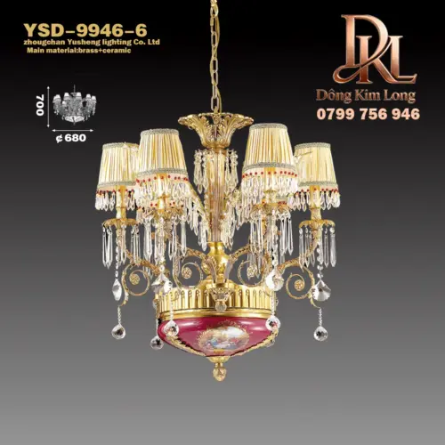 Đèn chùm gốm sứ Pháp sang trọng châu Âu ,đồng nguyên chất ,phòng khách biệt thự pha lê đồng nguyên khối đèn đồng cổ điển cung điện Baroque YSD-9946-6