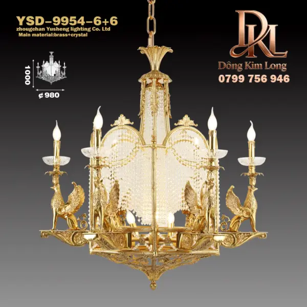 Đèn chùm pha lê phòng khách nhà hàng phong cách retro  , đèn đồng kiểu Pháp, biệt thự sang trọng kiểu châu Âu YSD-9954-6+6