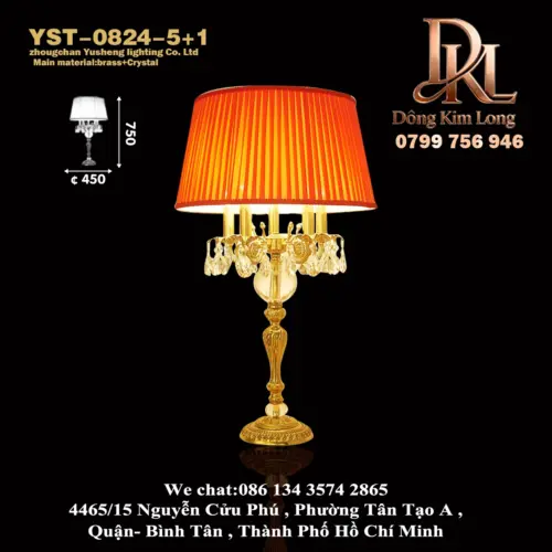 Đèn bàn pha lê đồng nguyên khối kiểu Pháp, đèn ngủ biệt thự, đèn phòng khách, đèn bàn phòng cưới phong cách cổ điển sang trọng châu Âu YST-0824-5+1
