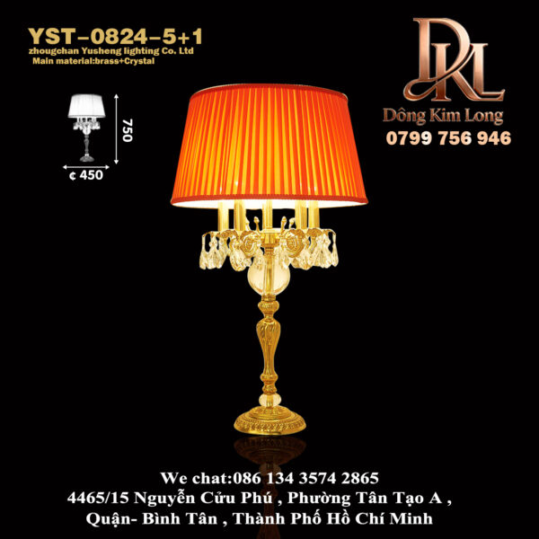 YST-0824-5+1 Đèn bàn pha lê đồng nguyên khối kiểu Pháp, đèn ngủ biệt thự, đèn phòng khách, đèn bàn phòng cưới phong cách cổ điển sang trọng châu Âu YST-0824-5+1