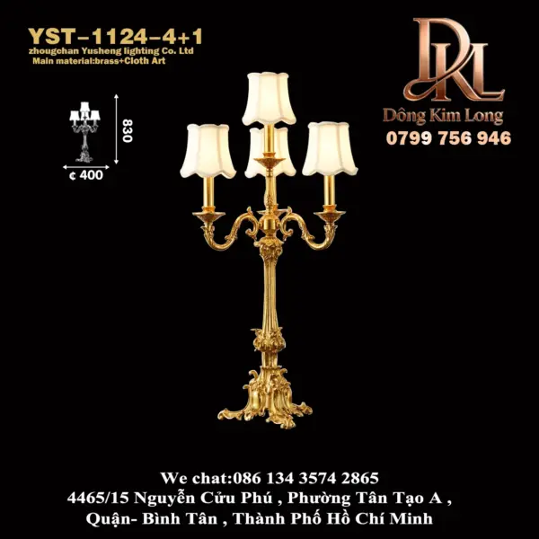 Đèn bàn đồng thau kiểu Pháp, phòng ngủ, phòng làm việc, phòng khách, đèn bàn sang trọng, phong cách cổ điển, cao cấp, chiếu sáng không gian YST-1124-4+1